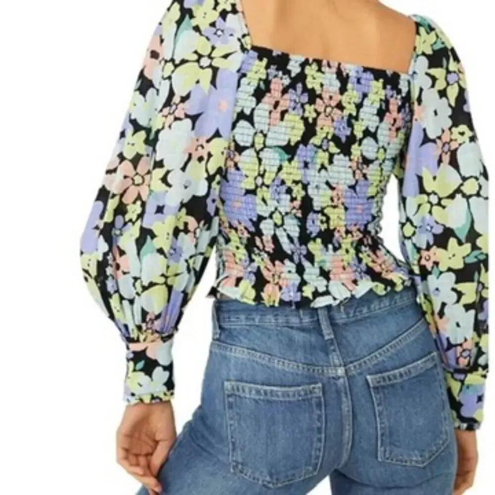 Free People Ariana Floral Printed Smocked Bodice Blouse Women S Black Multi Boho
